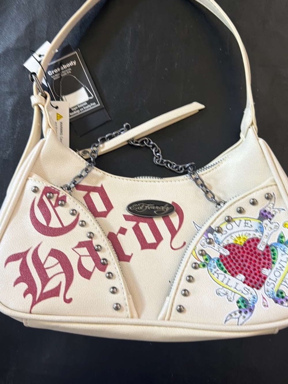 Ed hardyWhite Graphic Studded Shoulder Bag with Heart Motif